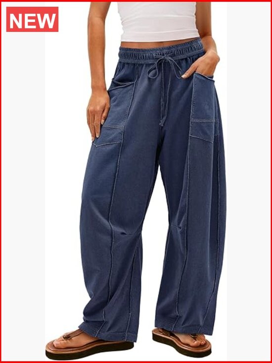 Pants - Baggy Wide Leg Palazzo Pants with Drawstring and Pockets
